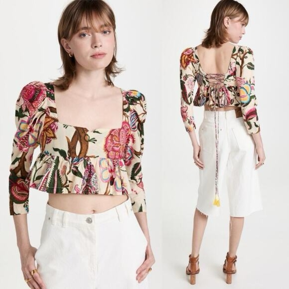 Alix of Bohemia Lila Canary Cotton Peplum Crop Top Floral Blouse Size M